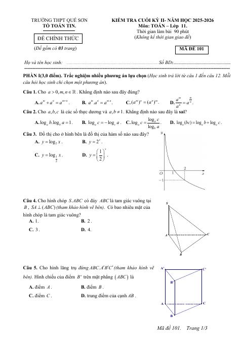 Đề thi Học kì 2 Toán 11 năm 2025-2026 trường THPT Quế Sơn (Đà Nẵng)